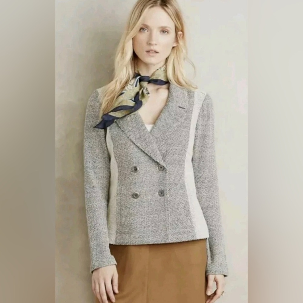 Anthropologie Saturday Sunday Blazer Women XS Gray Tweed Knit Cotton Equestrian